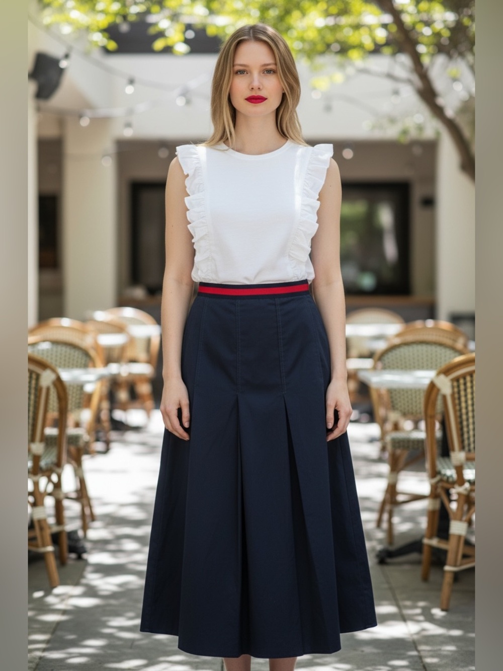 Gucci Navy Midi Skirt with Red Waistband